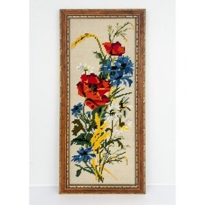 Vintage Floral Needlepoint Wall Art Framed Embroidery Cottage Decor
